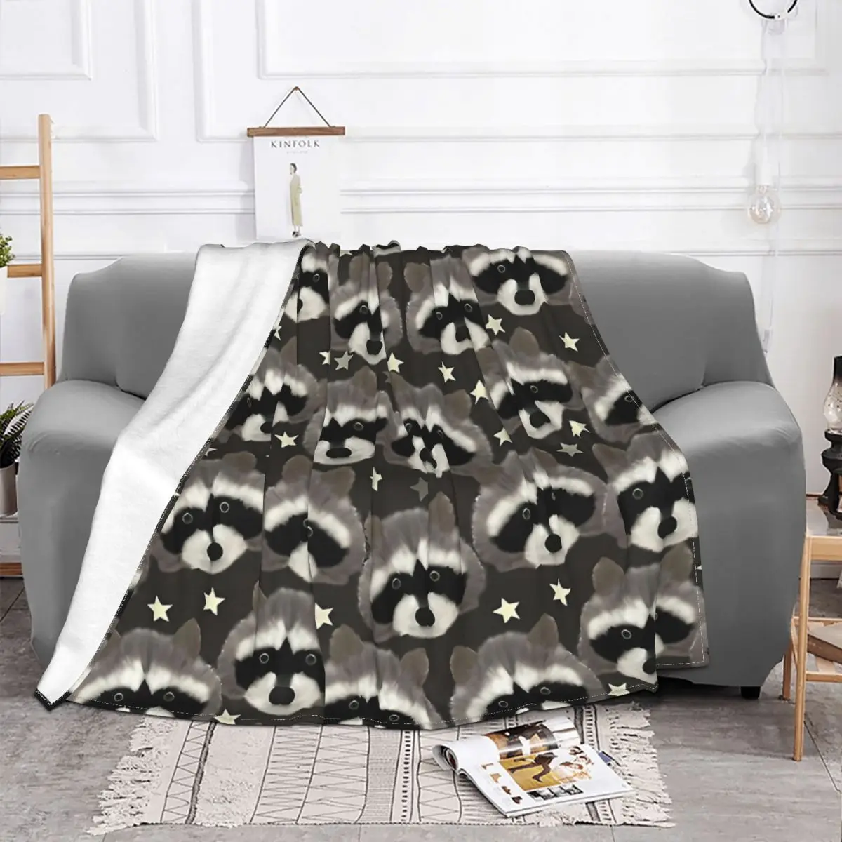 Raccoon Blanket Flannel Heads Stars Cozy Soft FLeece Bedspread