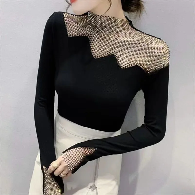 Summer European Clothes Lady Hollow out Blouse Shirts Chic Sexy Patchwork Shiny Diamonds Women Tops Long Sleeve Tops