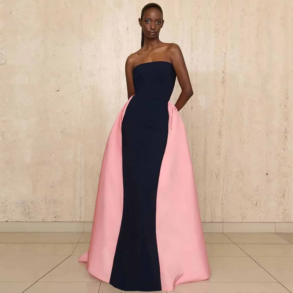 

Contrast Color Women's Evening Dresses Jersey Mermaid/Trumpet Celebrity Dress Black and Pink Strapless Pleat Party Dresses Long