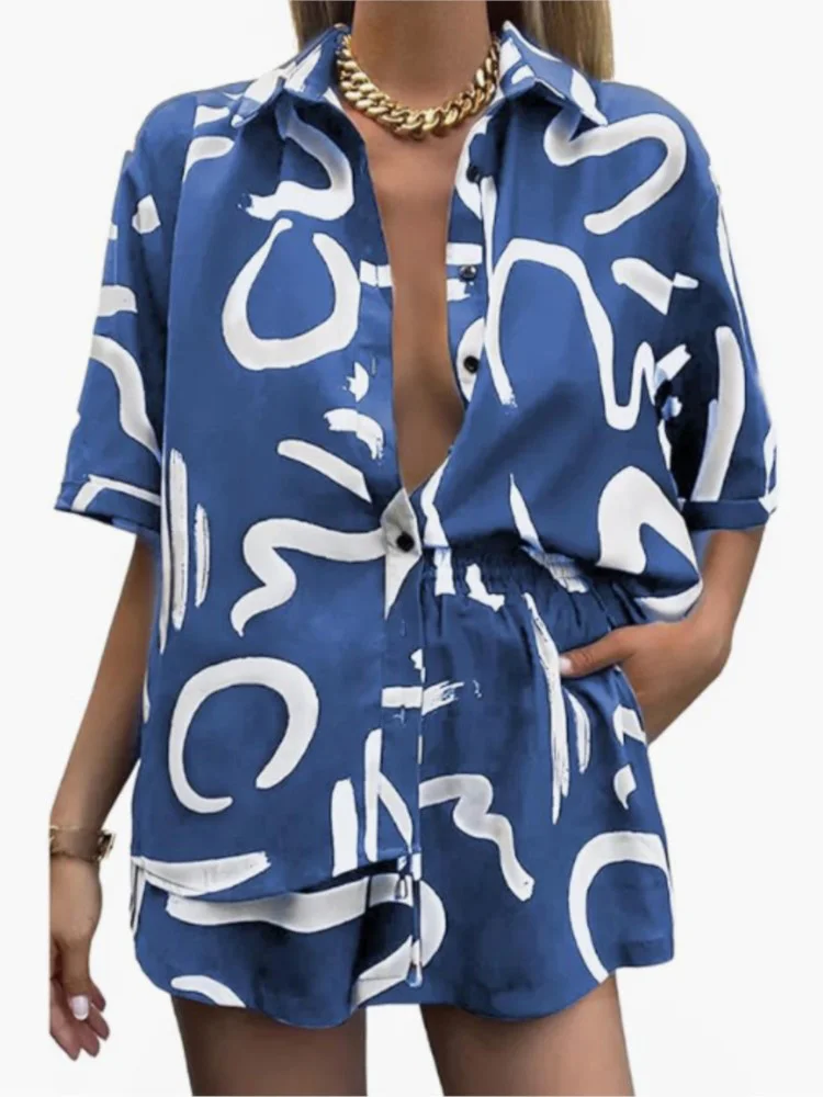 

Women Fashion Print Two Piece Sets 2025 Summer Loose Turn Down Collar Shirt Top + Shorts Suit Office Lady Casual Tracksuits Set
