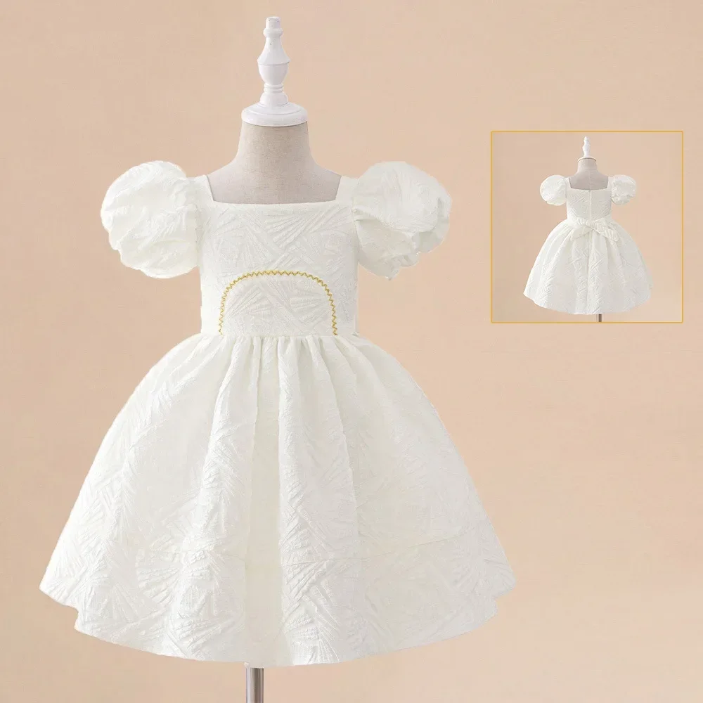 Elegant White Bridesmaids Girls Dress Flower Princess Birthday Party Dresses for Girl Puff Sleeve Ceremony Wedding Kids Clothing