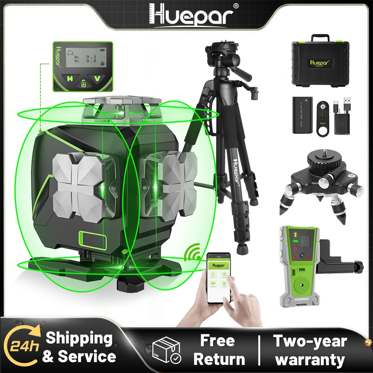 Huepar 16 lines 4D Cross Line Laser Level Sets Bluetooth & Remote Control Functions Green Beam Lines With Hard Case No Bracket