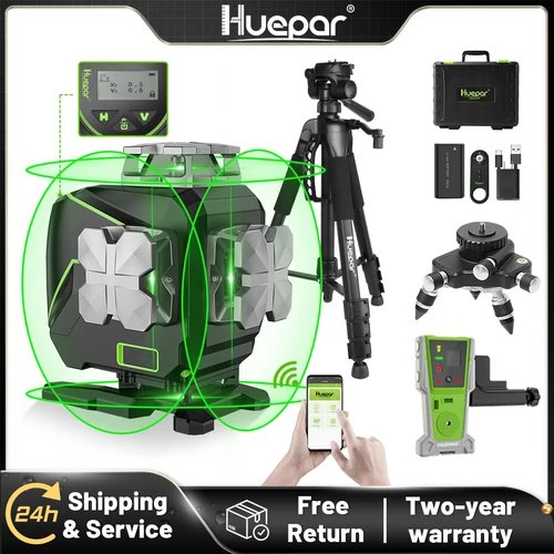 Huepar 4D 크로스 라인 레이저 레벨 세트, 블루투스 및 리모컨 기능, 그린 빔 라인, 브래킷 없음, 하드 케이스 포함, 16 라인