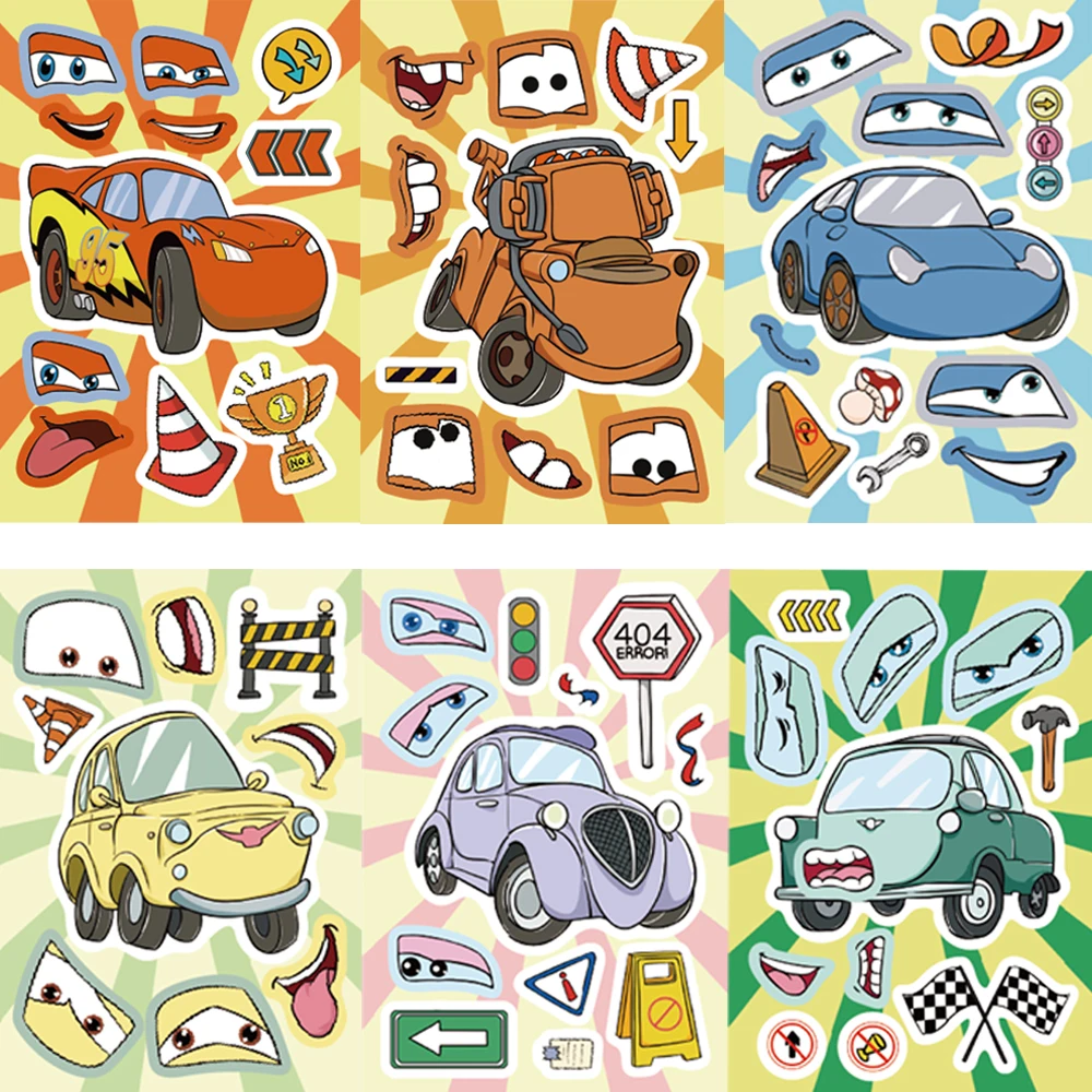 8/16/24pcs Disney Cars Make-a-Face Puzzle Sticker DIY Phone Laptop Luggage Skateboard Graffiti Decals Fun for Kid Gift﻿