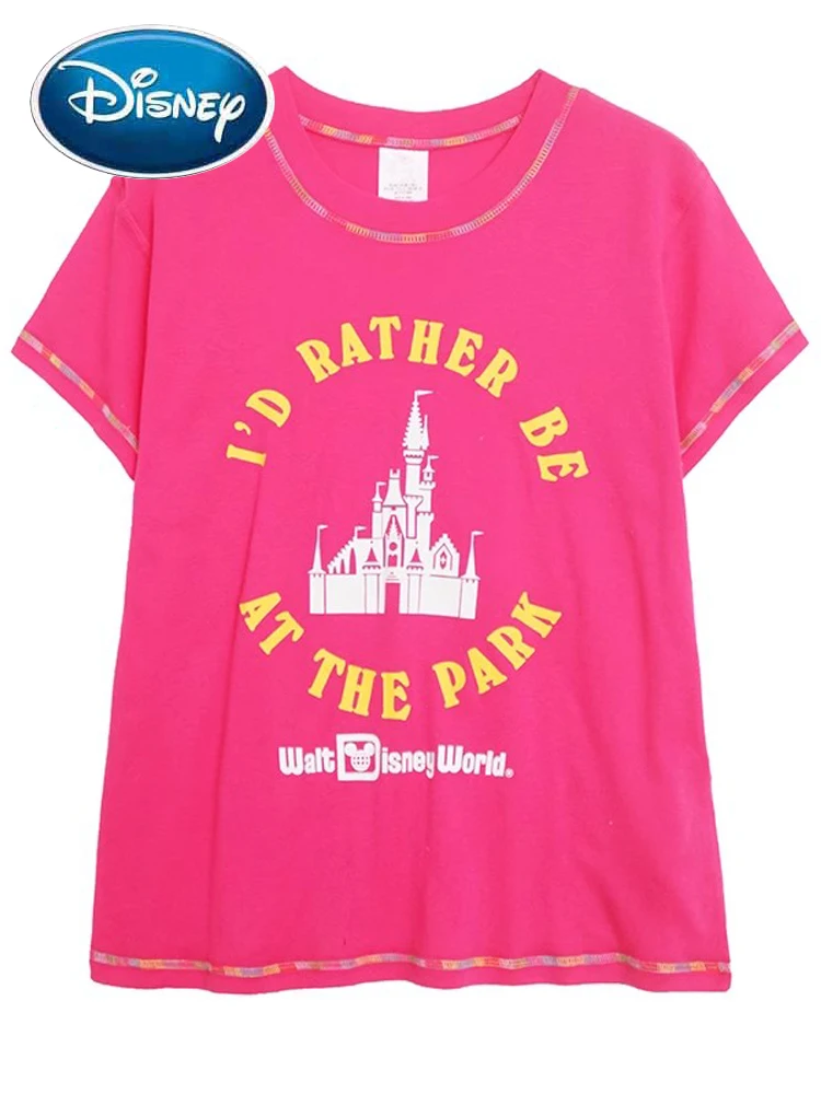 

Disneyland Walt Disney World Castle Cartoon Print T-Shirt Fashion Women O-Neck Pullover Short Sleeve Tee Tops Hot Pink Female