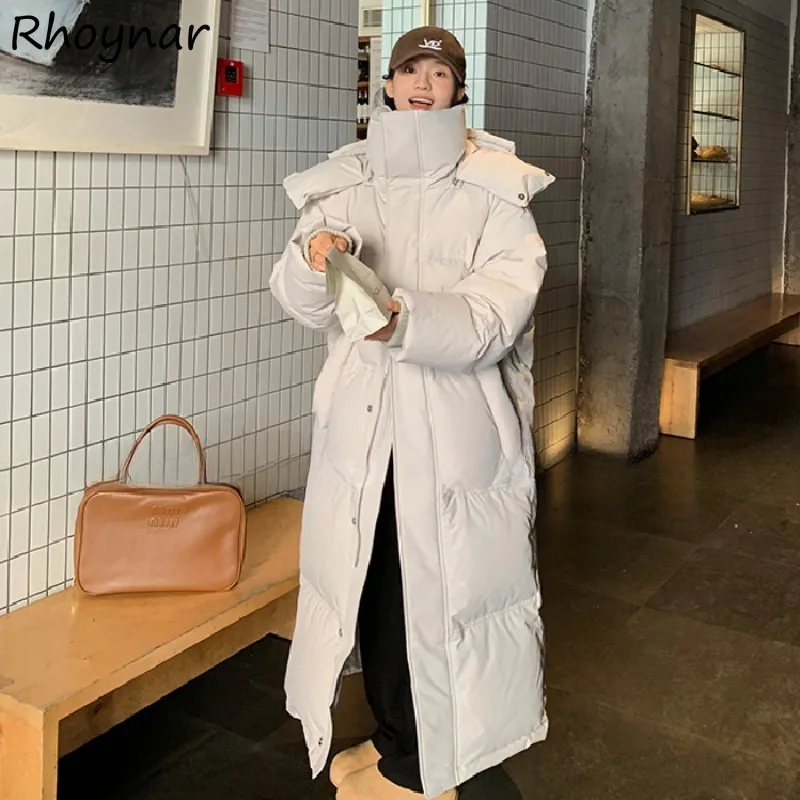 

Parkas Women Plus Velvet Casual Daily Korean Version Long Coats Tops Black White Hooded Loose Winter Solid Trendy Warm All-match