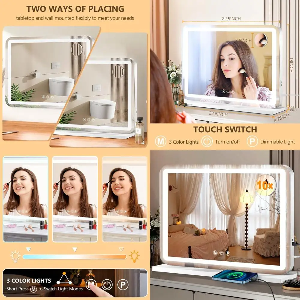 Podświetlane lusterko kosmetyczne LED, 23x18, 3-stopniowa regulacja oświetlenia, ekran dotykowy, aluminiowa ramka, port USB