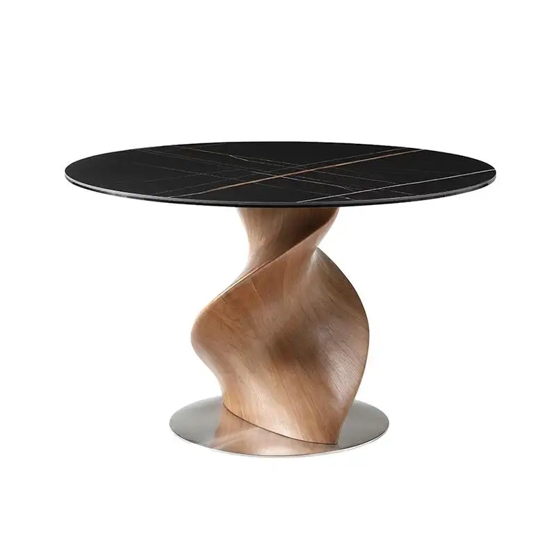 

Slate dining table artistic spiral round dining table antique walnut pattern special-shaped glass negotiation table