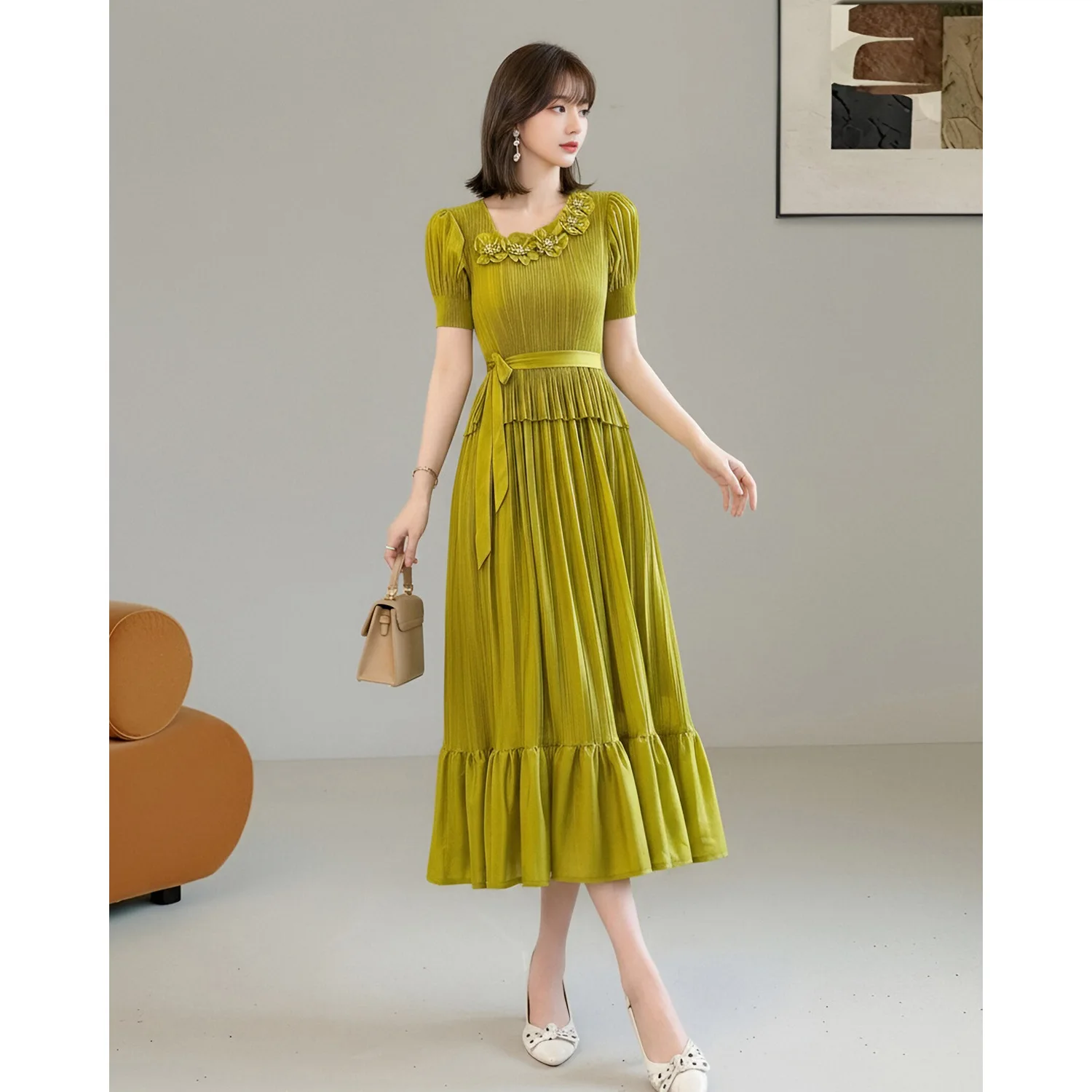 Miyake Pleated Women's Casual Dress 2026 Summer New Solid Color Beaded Beaded Slope Collar Short-sleeved Loose Pleated Skirt