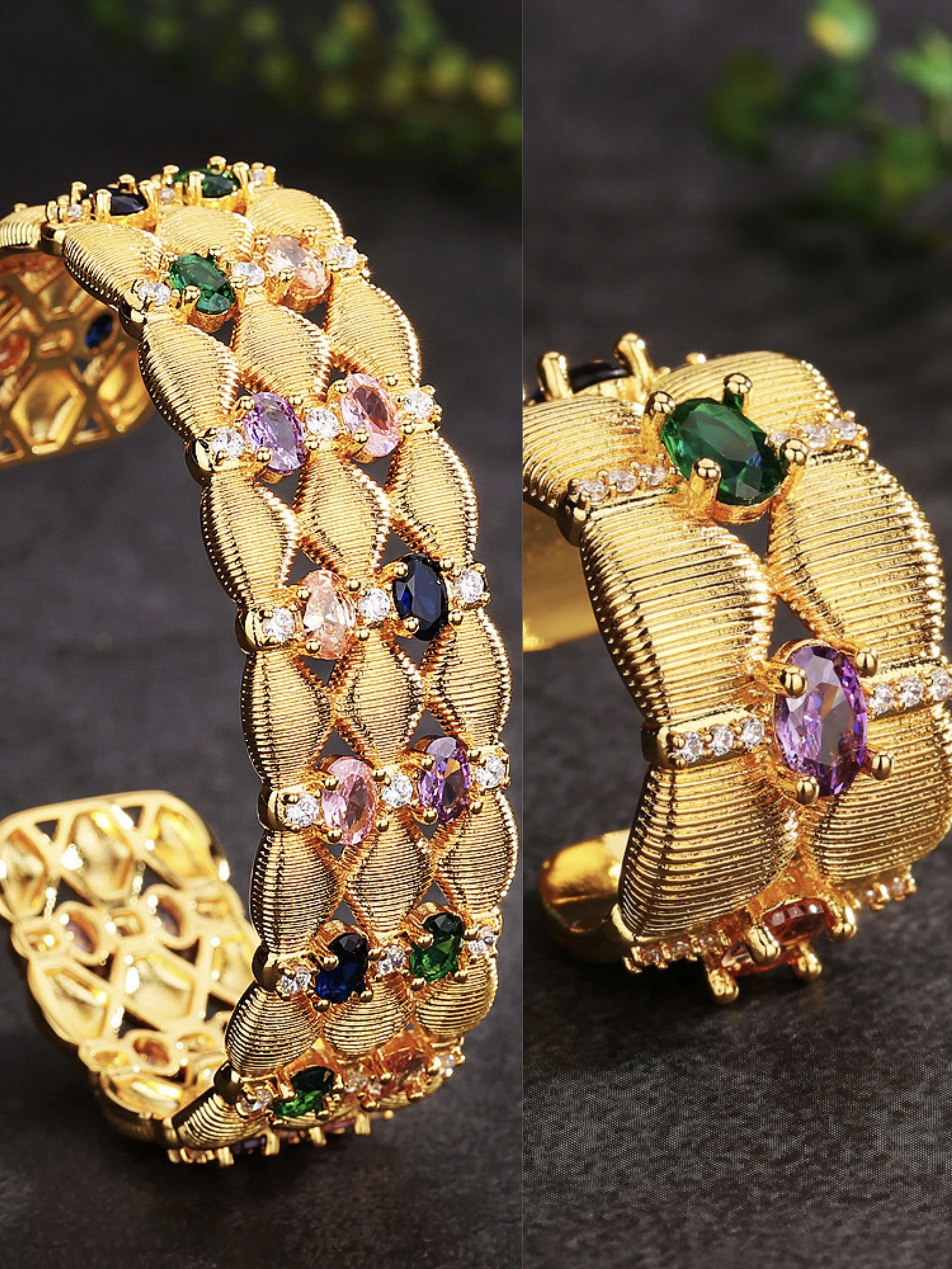 

Popular Stainless Steel Rainbow Gemstones Wide Open Bracelet Bangle/Band Ring Knitted Handmade Luxury AU750 Women Jewellery Set