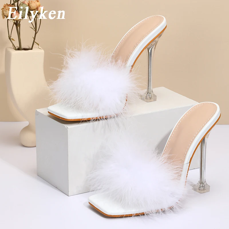 Eilyken, nuevos zapatos de PVC, zapatillas para mujer, tacones altos transparentes de plumas, zapatos de tacón de piel, mulas con punta cuadrada,