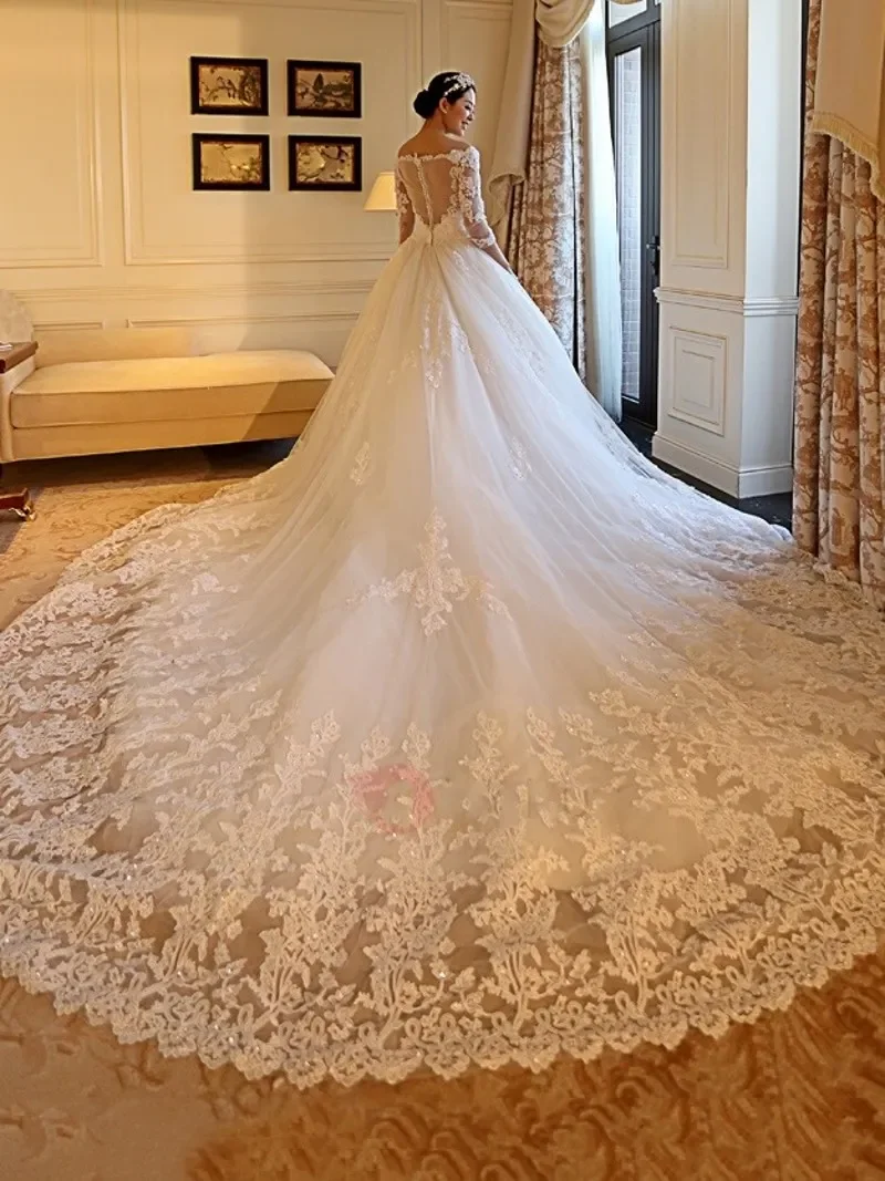 Abiti da sposa personalizzati a maniche lunghe in pizzo Taglie forti Applicazioni modeste con spalle scoperte Abiti da sposa formali Vestido De Noiva