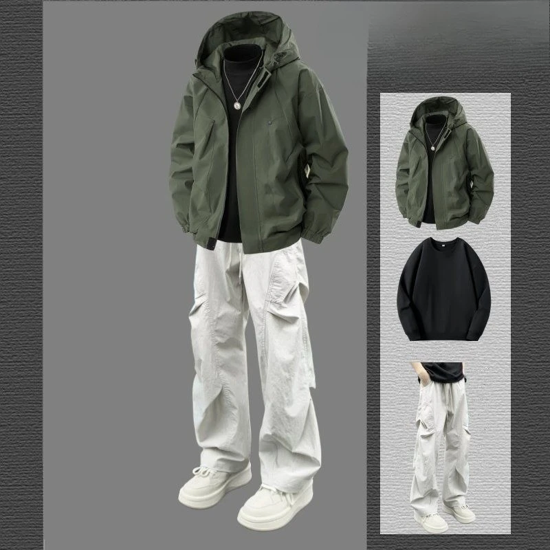 Men's Autumn Winter Fleece-Lined Thickened Warm Cotton Jacket Set Trendy Cool Casual 3-Piece Outfit