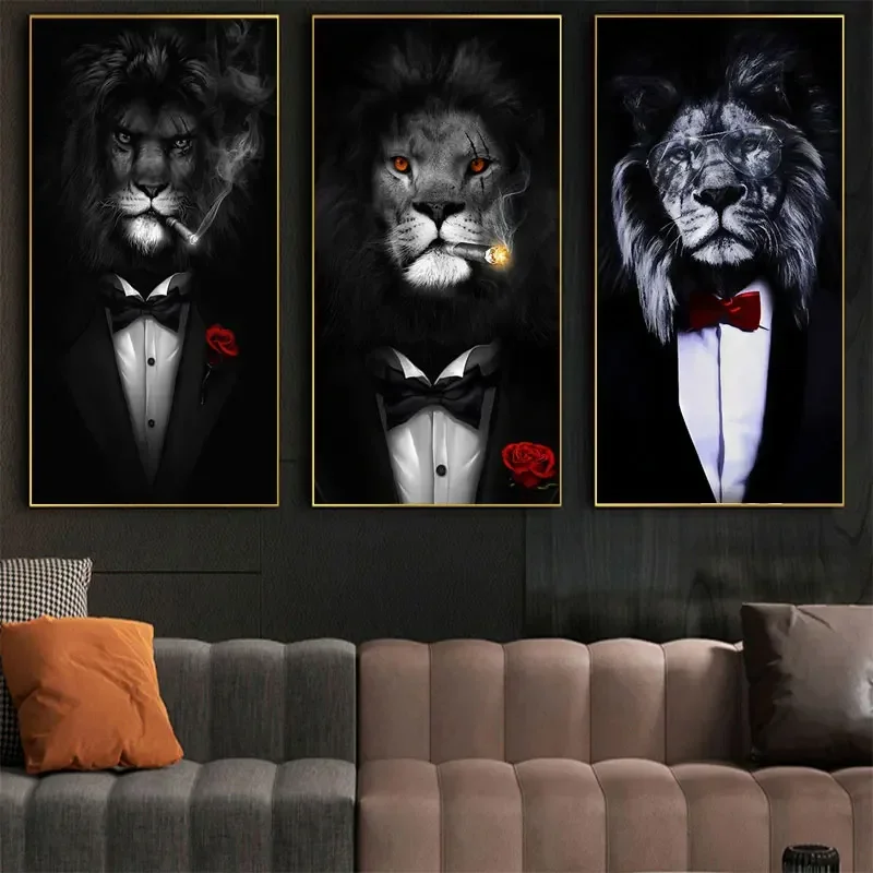 Funny Animal Black White Lion In Suit Canvas Art Posters And Prints Abstract Animals Canvas Paintings On the Wall Art Pictures