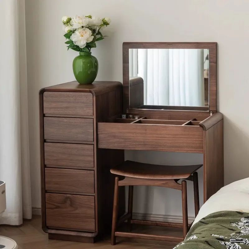 Nordic Solid Wood Dressing Table Japanese Cherry Clamshell Design Modern Bedroom Vanity Desk with Mirror Integrated Storage