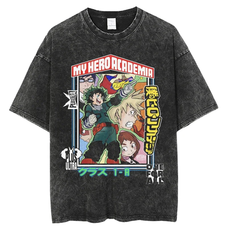 

2024 Harajuku Man T Shirt Vintage Washed Fashion Hip Hop Anime My Hero Academia T Shirts Men Casual Streetwear Tees Tops