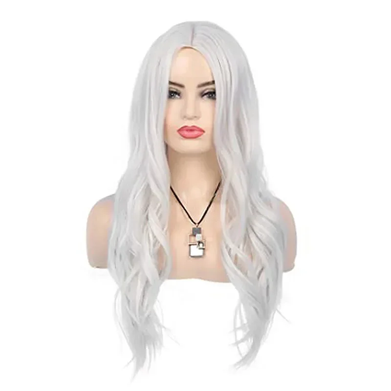 WHIMSICAL W Long Wavy Silver White Wig for Women with Highlights Natural Middle Part Synthetic Hair Wigs Heat Resistant Wigs