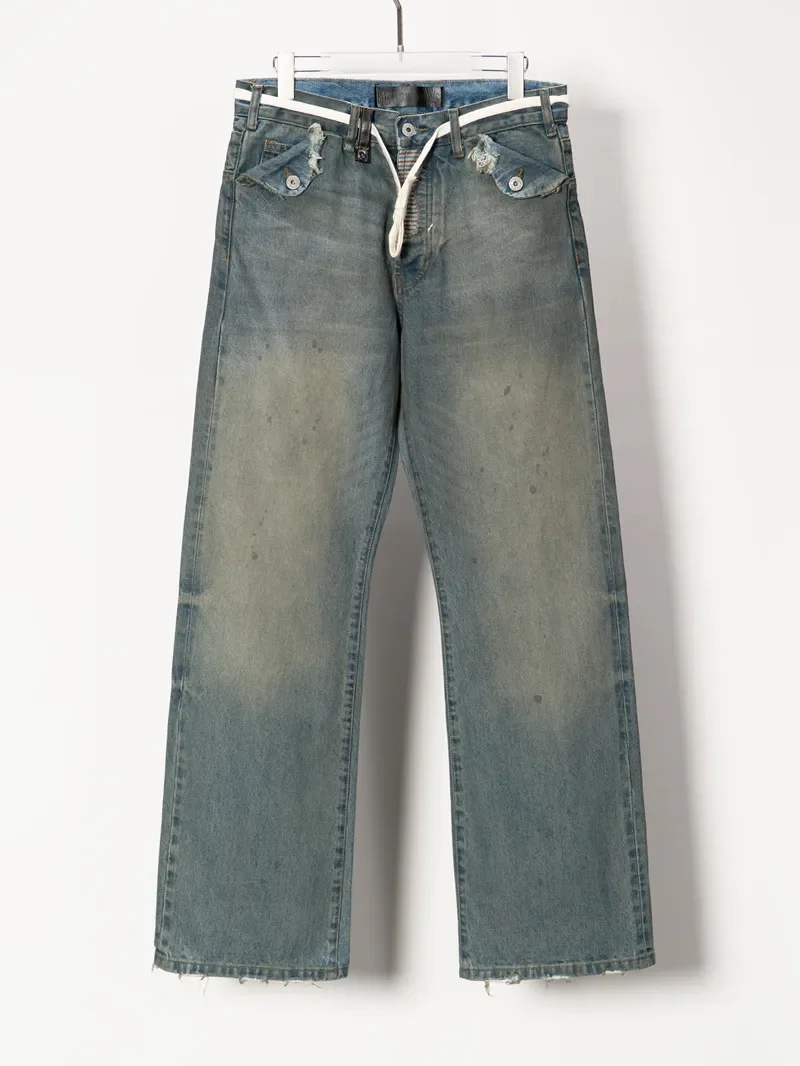 NFS 25fw limited red ear edge tannin jeans washed and old personality destruction white strap original cow pants
