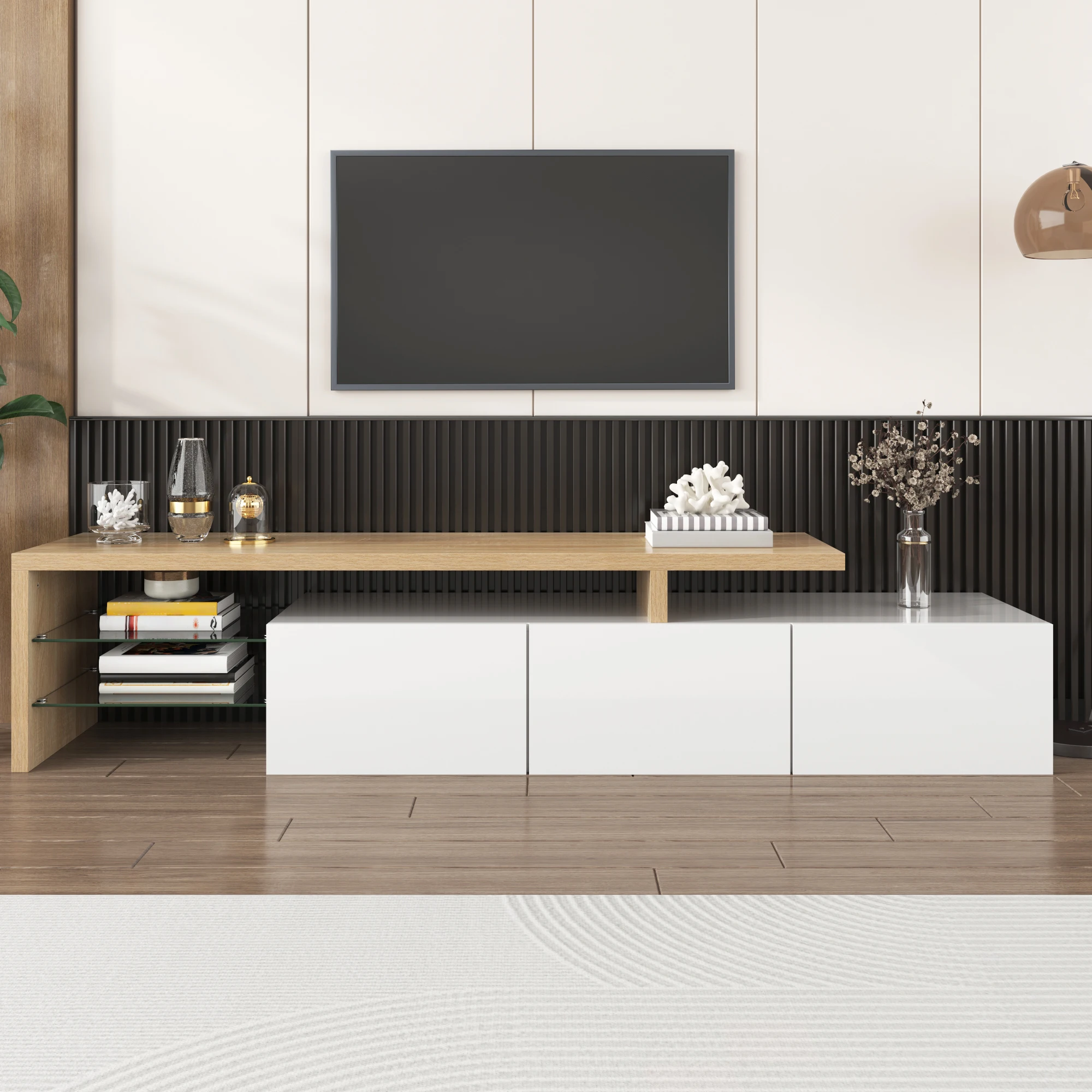 Moderner TV-Schrank: Hochglanzweiß & Holzoptik, LED-Beleuchtung, Glasböden, 197.5cm, Stauraum für Wohnzimmer
