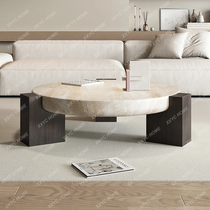 Cream wind tunnel stone coffee table round high-end living room home creative marble medium ancient solid wood