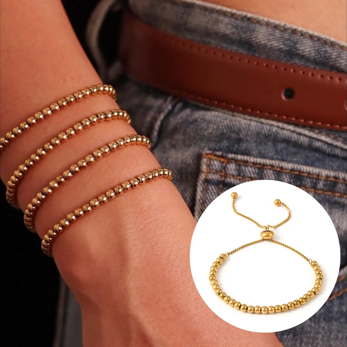 Luxuriöses goldfarbenes Armband mit verstellbarer Kette – Edelstahlschmuck für Damen und Herren, hypoallergene Geschenk-Armreifen-Accessoires