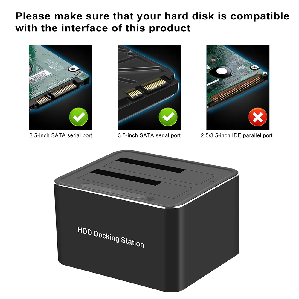 Imagem -05 - Dual Bay External Hard Drive Docking Station Sata para Usb 3.0 5gbps para 2.5 3.5 Ssd Hdd Fast Offline 12v 3a Adaptador de Energia