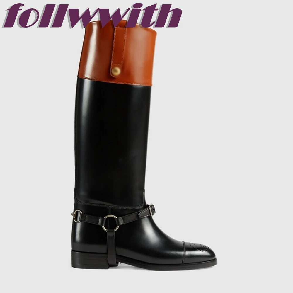 Patchwork Belt Buckle Contrasting Colors Boots Knee High Designer Concise Ladies Winter Fashion Newest Unique 2024 Shoes