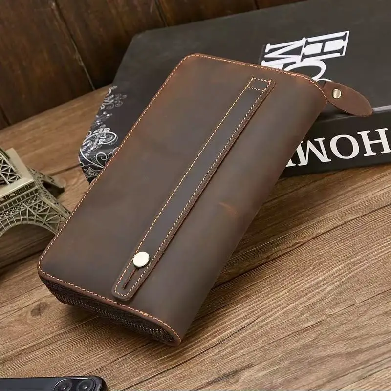Men's Genuine Leather Wallet Long Zipper Mobile Phone Bag Vintage Handbag Multi-functional Business Commuting Pure Color SAC