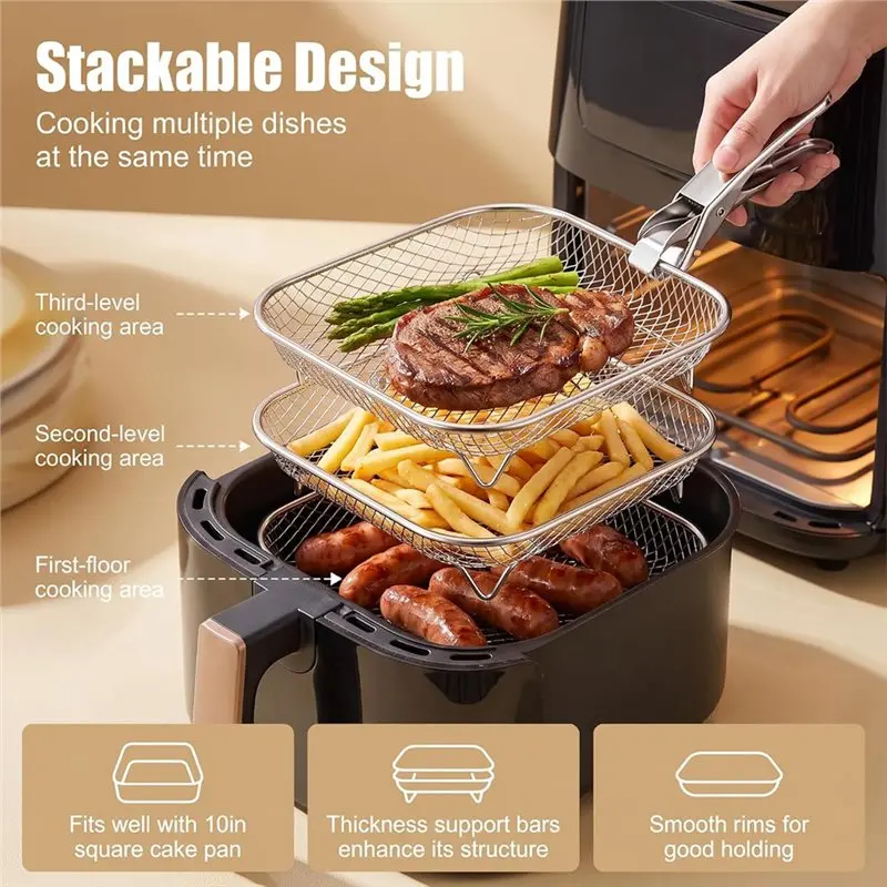 AT28-Air Fryer Rack 3Pcs 8.07' ' Square Air Fryer Basket Stackable Stainless Steel Mesh Cooking Rack For Oven With Silicon Feet