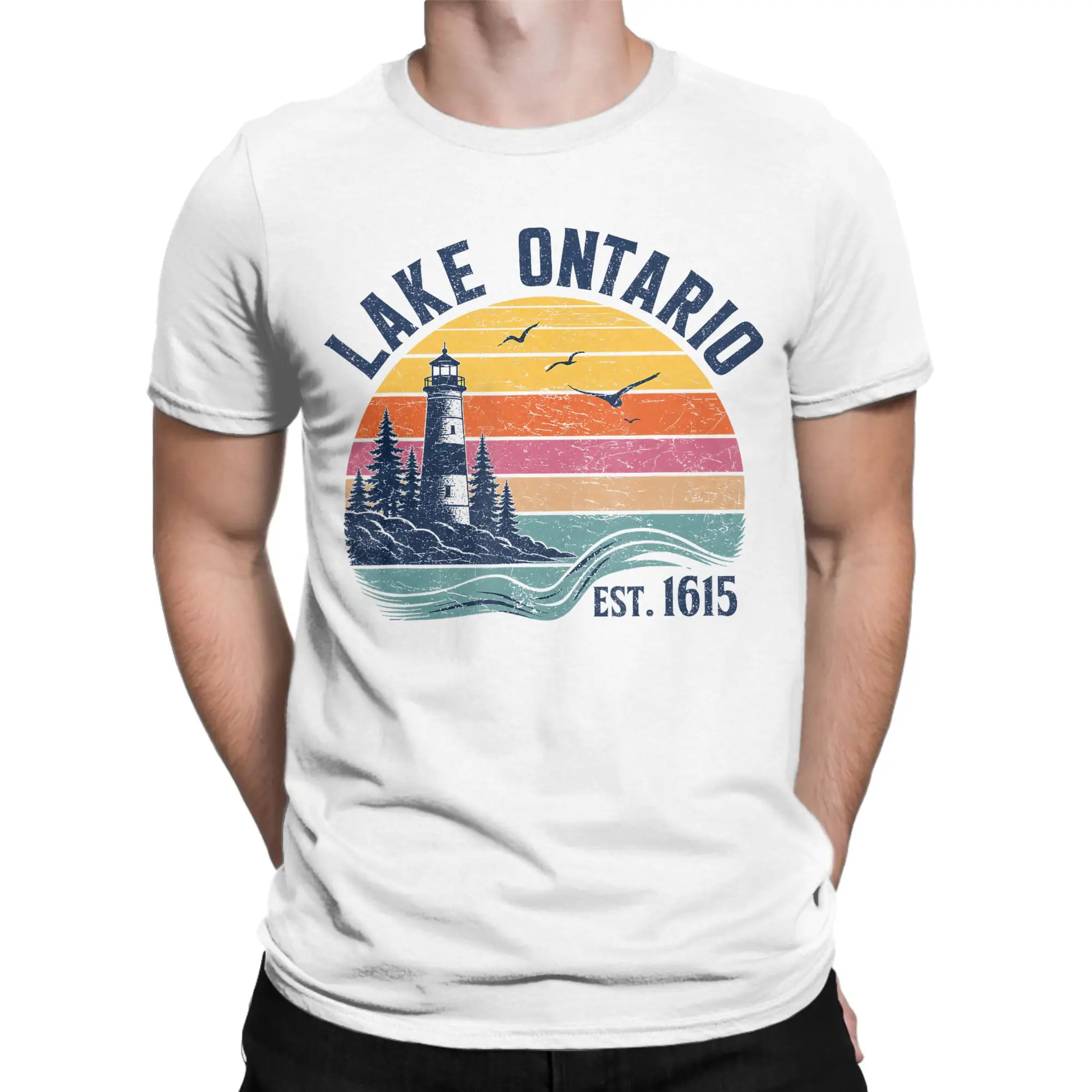 Camiseta Retro Great Lakes Lake Ontario Est 1615 para Homens e Mulheres, Camisetas Engraçadas de Algodão, Camiseta de Gola Redonda, Roupas Tamanho Plu