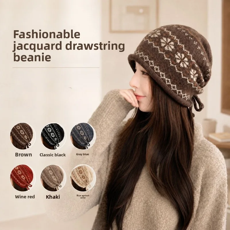 Fashion pile hat women's autumn and winter warm drawstring knitted hat rolled edge retro big head circumference knitted hat