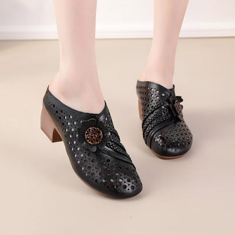 Summer New Mid-Heeled Oxford Bottom Breathable Sandals Ethnic Style Genuine Leather Flower Slippers  Hollow Sandals For Women