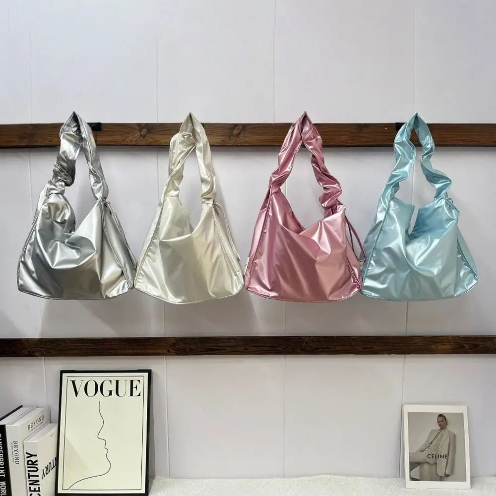 

Casual Korean Style Pleated Nylon Shoulder Bag Handbag Large Capacity Drawstring Bag Solid Color Lightweight Tote Bag Outdoor