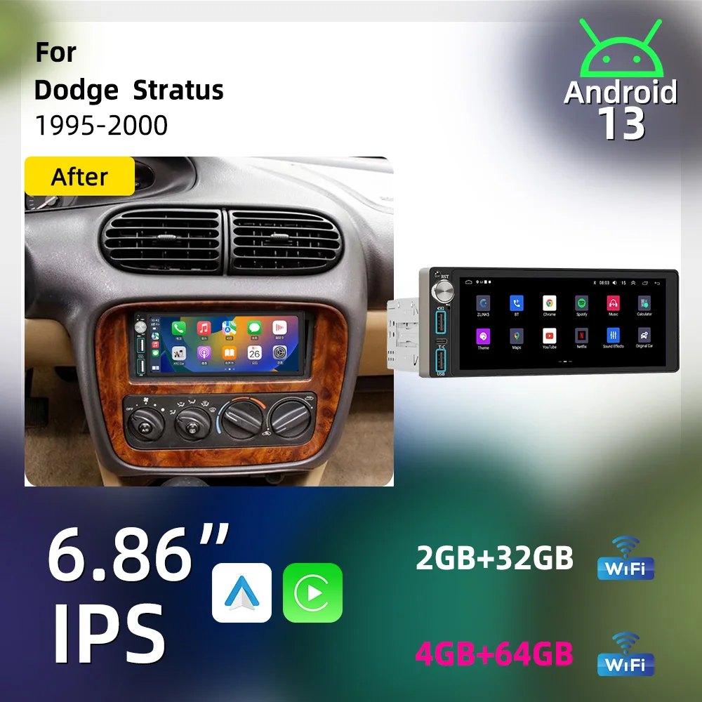 Radio Android para Auto Dodge Stratus 1995-2000, Unidad Principal 1 DIN, Autoradio, Multimedia para Auto, Pantalla de 6.86 Pulgadas, Estéreo, Carplay, Android Auto