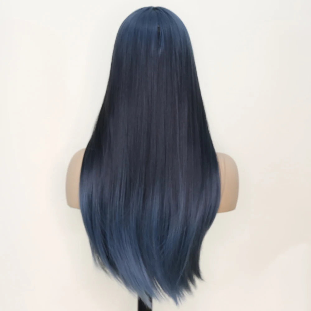 Synthetic Wigs Long Silk Straight wig with Bangs Lake Blue color Cosplay Wigs For Woman Heat Resistant Fibre Full Mechanism wig