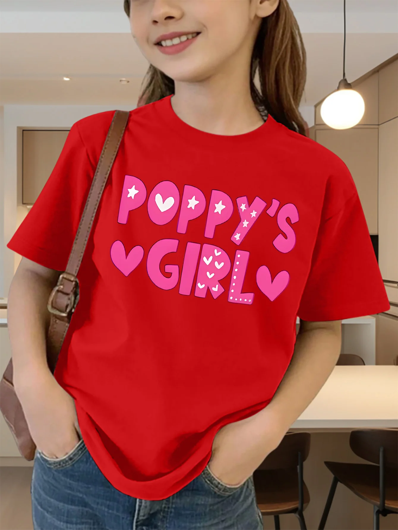 Cute Poppys Girl Heart Letter Print Graphic Kids Tee Boys Girls Family Matching Cotton Crew Neck Short Sleeve Soft Summer Tee
