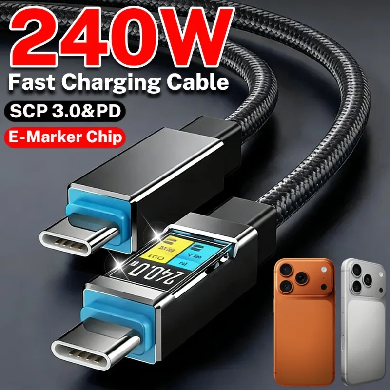 240W USB-C to USB C Cable LED Digital Display PD3.1 Fast Charging Type-C to Type C Cable For Macbook iPhone 17 16 15Pro Max