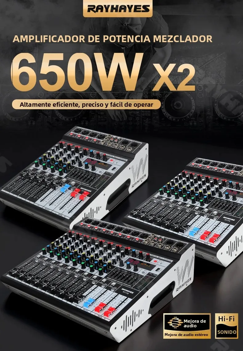 Mezclador de Audio Profesional de 8 Canales RAYAHYES RT-F8, Consola de DJ, Procesador de Audio, Admite Alimentación Fantasma de 48V, 99 Efectos de Reverberación DSP