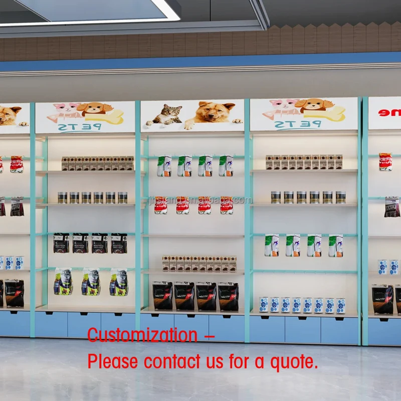 

custom.Retail Pet Food Toys Shop Display Shelves Snake Counter Popup Lovely Blue Color Pets Supermarket Display