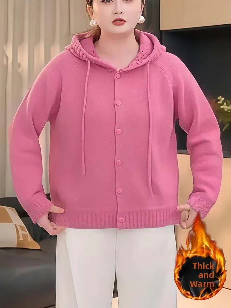 

Thiened Faionable Hollow out Hoodie Knitted Sweater plus Size Korean Sle Slimming Women's Casual Loose Fit Long Sve