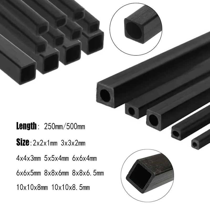 Carbon Fiber Square Tube 2/3/4/5/6/8/10mm Outer Diameter 250/500mm Length 1-3 PCS Optional Round/Square Interior