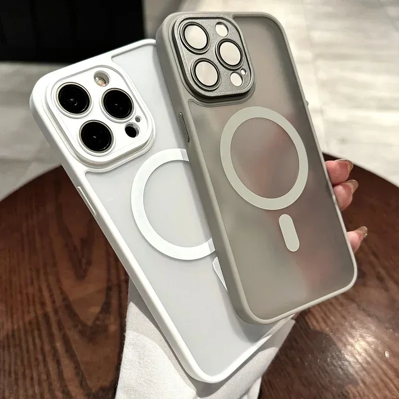 Fashion Magnetic Matte Translucent Armor Shockproof Case For iPhone 16 15 14 13 12 11 Pro Max For Magsafe Wireless Charge Cover