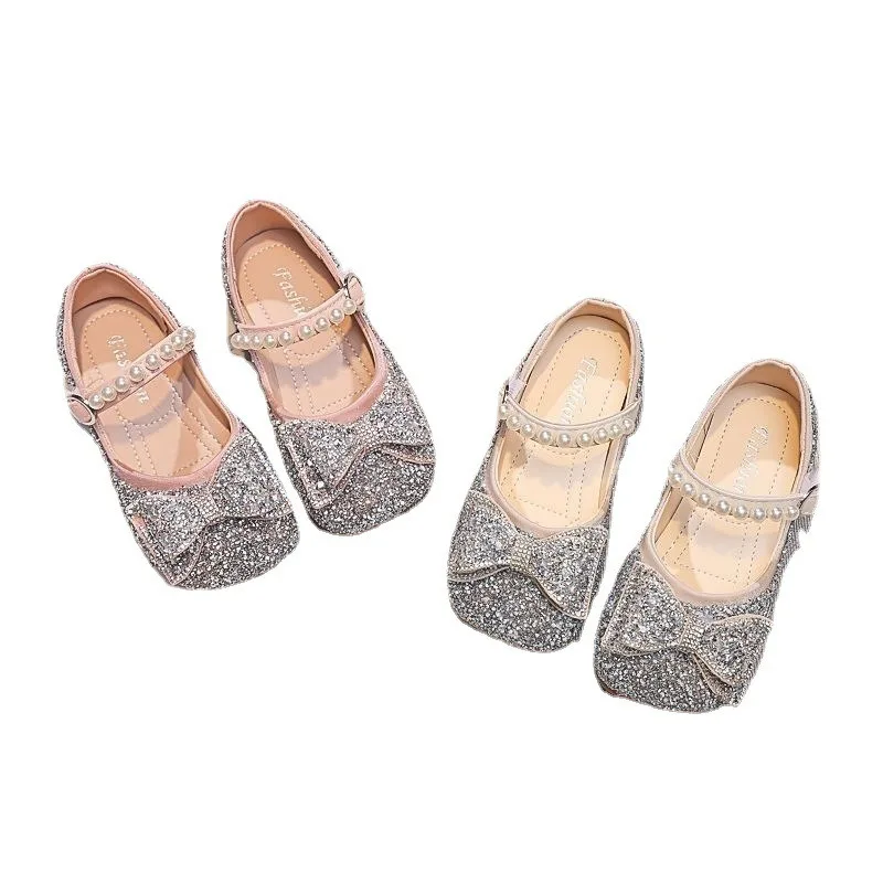 

Fashion rhinestone princess shoes new children's bow pearl single shoes student performance single shoes breathable kid crystal