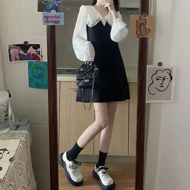 Long Sleeve Dress Women Patchwork Panelled Sweet Korean Style Fashion Daily Peter Pan Collar Casual Tender Black Basic Design