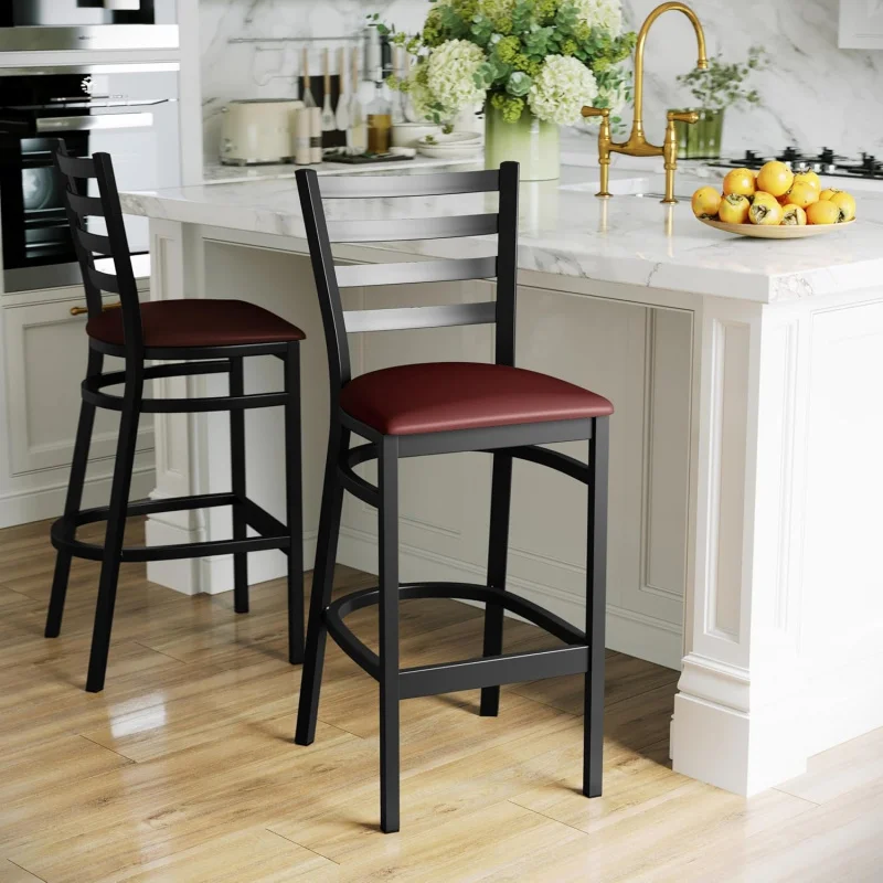 Pack of 2 Ladder Back Bar Stools, Black Metal Frame Restaurant Barstool, Ergonomic Burgundy Vinyl Padded