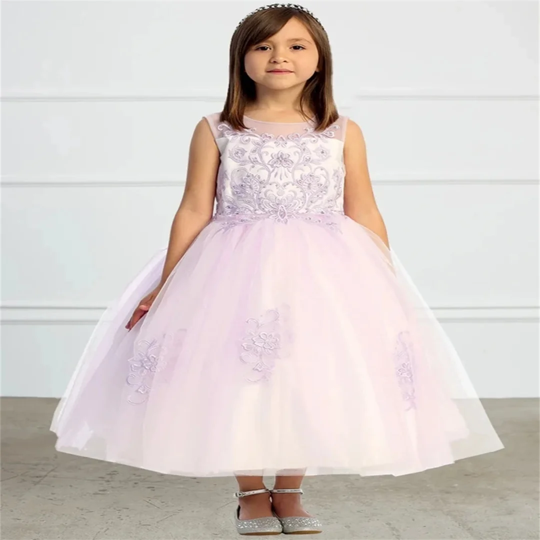 Customized Sky Blue Flower Girl Dress Tulle Floral Appliques Sleeve For Wedding Birthday Evening Prom Banquet Princess Gown