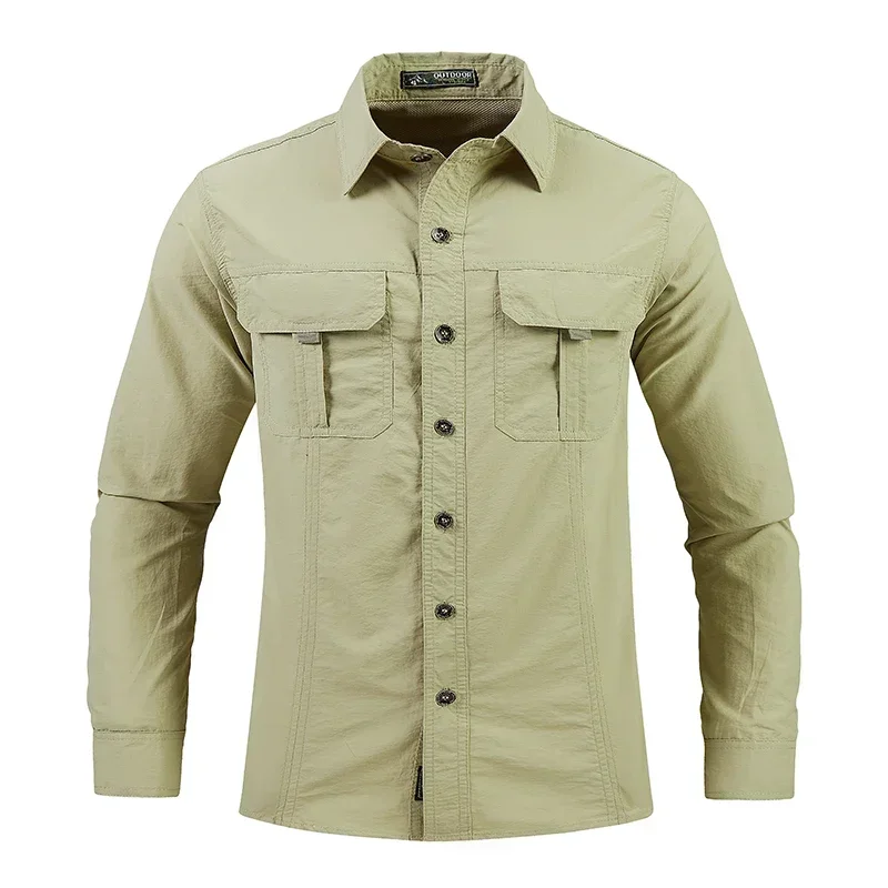 Herren hemd Outdoor Workwear Shirt für Männer schnell trocknend atmungsaktiv wasserdicht Langarm Top mit großen Taschen Revers plus für den Frühling