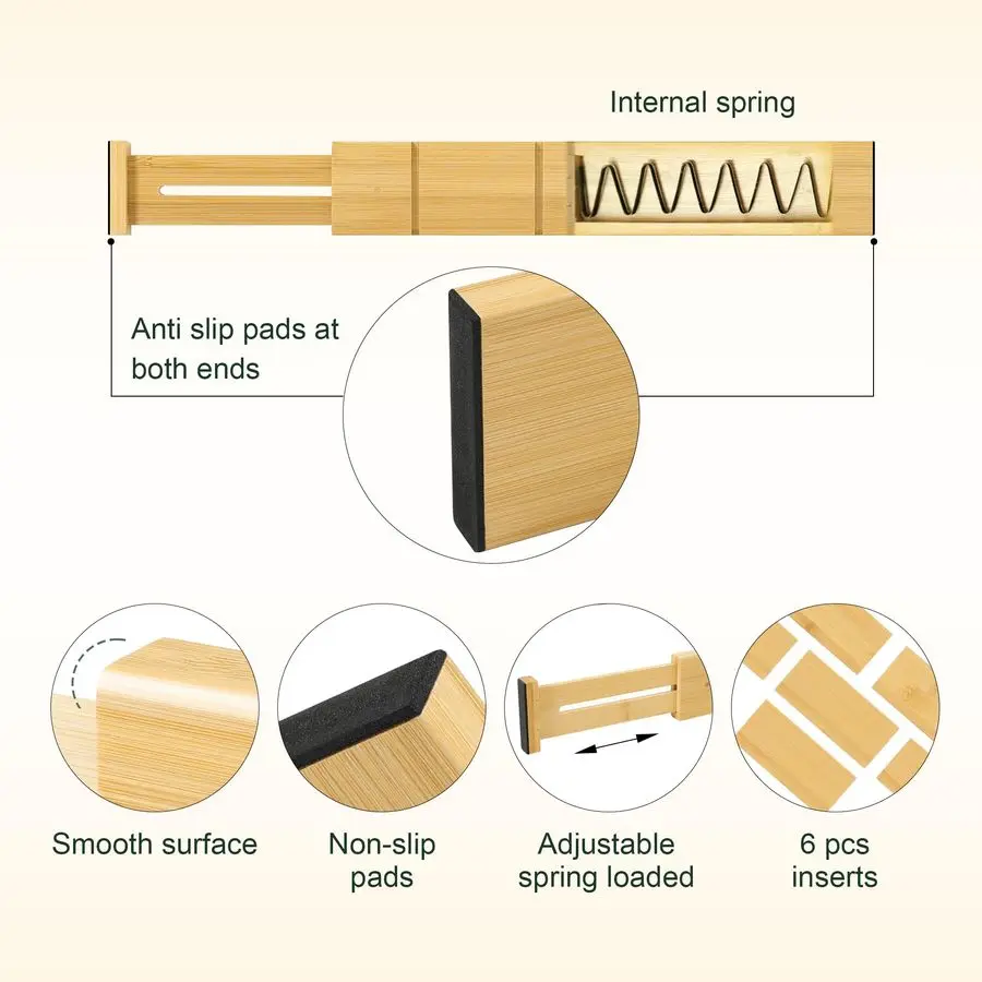 

Набор из 4 бамбуковых разделителей для кухонных ящиков с вставками, подходит для ящиков с внутренним размером 15x17.7, регулируемые органайзеры для носков, Spring L