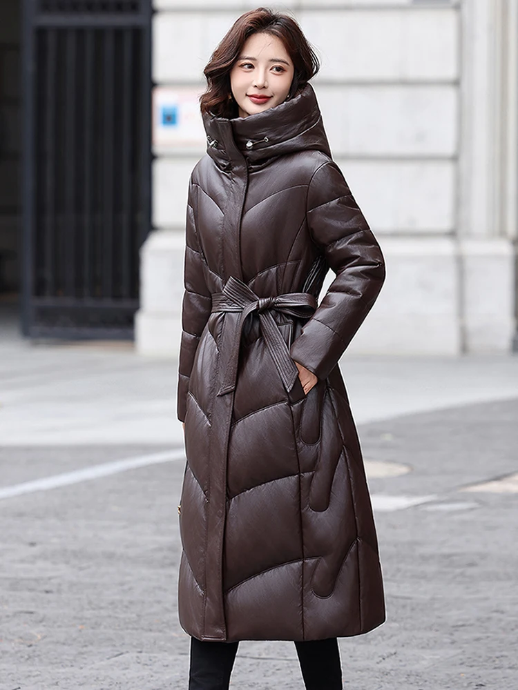 Cappotto Duffel in Vera Pelle di Pecora da Donna Inverno 2025, Lunghezza Media, Vestibilità Slim, con Cappuccio, Stile Haute Couture, Giacca in Pelliccia Coreana