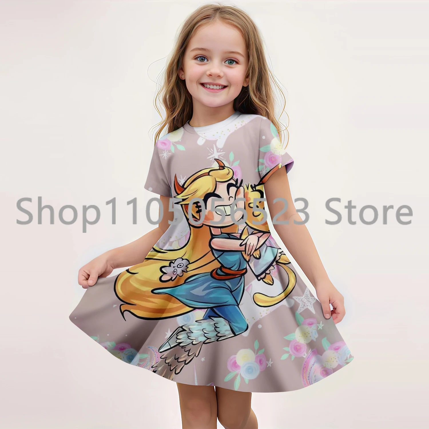 

2025 Summer New Children's Clothing 3D Printed Star Butterfly Short-Sleeved Dress 7-13 Years Kids Princess Performance Clothing
